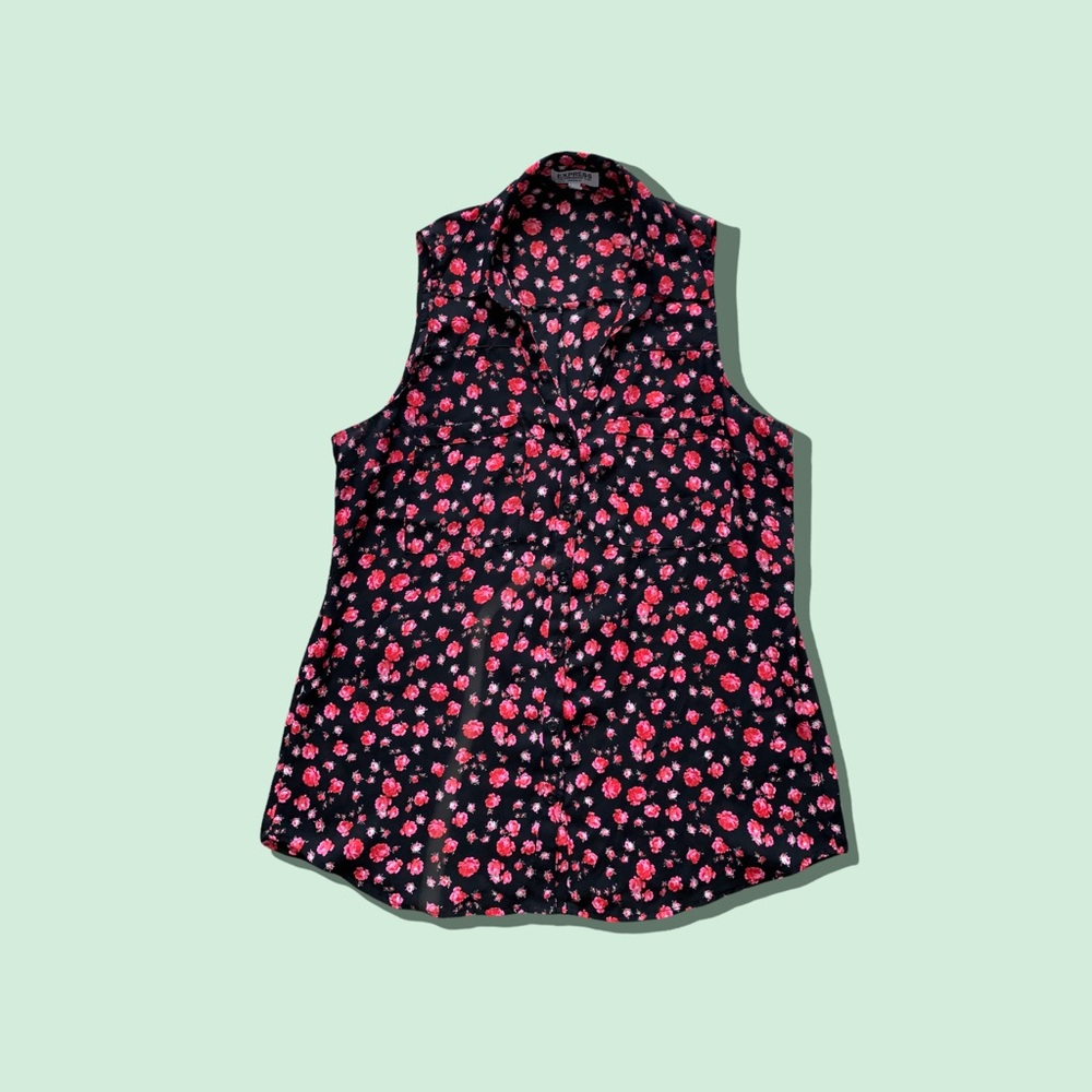 EXPRESS WOMENS SIZE MEDIUM BLACK PINK FLORAL BUTTON DOWN TANK TOP